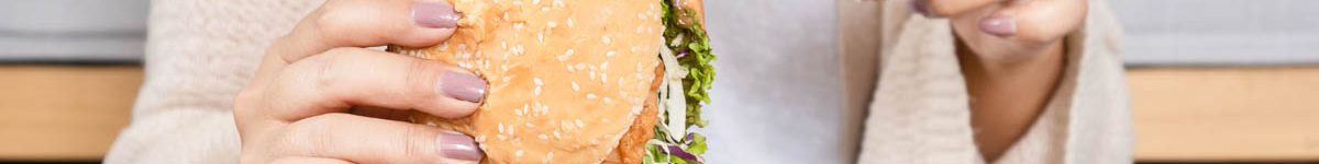 unhealthy woman over eating fast food burgers, fired chicken, do